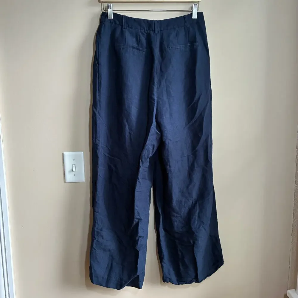 H&M linen blend navy wide leg trousers women's 6 pockets casual missing button